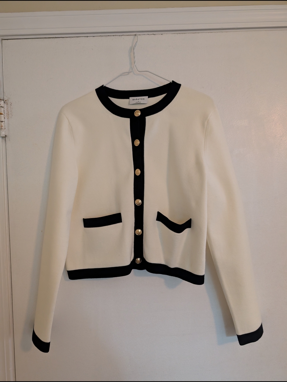 Aritzia Babaton Cream Cardigan with Black Trim and Gold Button Accent - Picture 8 of 14